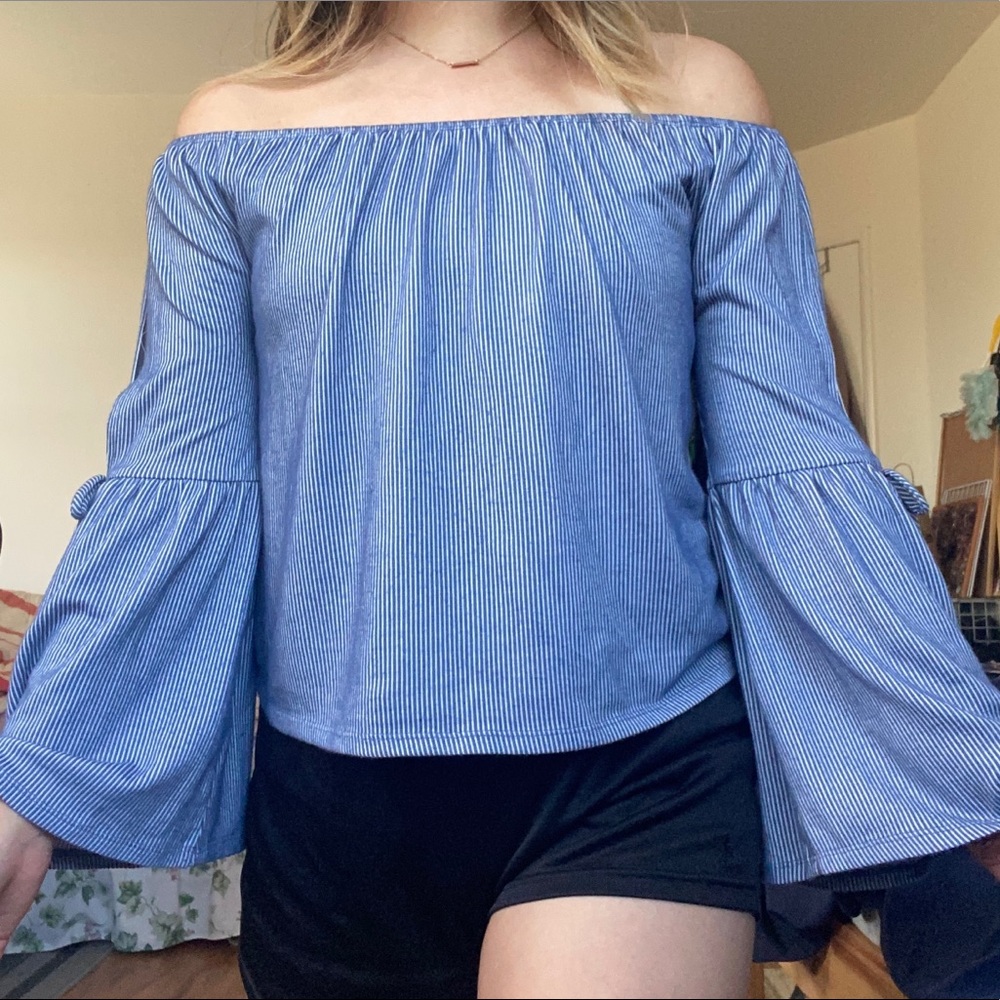 Navy Blue striped off shoulder peek sleeve blouse